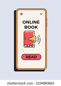 Online audio book app. Digital reading, library in your phone. Vector smartphone with reader app. Online education, e-learning and digital library. Vector illustraion concept