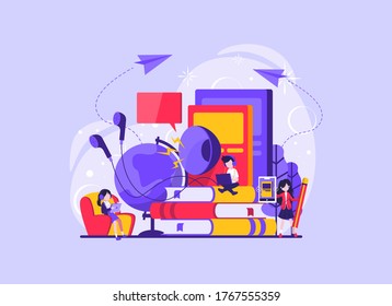 Online audio book application, smartphone and colorful books on background. Concept for mobile application for reading. Vector illustration for landing page, UI, app. Vector illustration