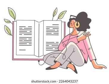 Online audio book internet library audiobook study concept. Listening book with headphones. Vector cartoon graphic design element illustration