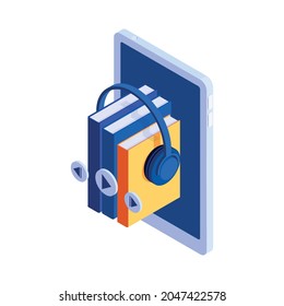 Online audio books library concept with 3d gadget and headphones isometric vector illustration
