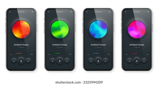 Online audio player user interface, smartphone app UI design. Music, media streaming and listening platform. Responsive mobile application. Neumorphism, neumorphic style. Vector illustration.