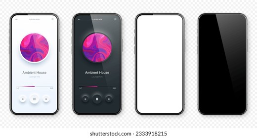 Online audio player user interface, smartphone app UI design. Music, media streaming and listening platform. Responsive mobile application. Neumorphism, neumorphic style. Vector illustration.
