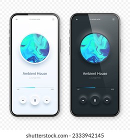 Online audio player user interface, smartphone app UI design. Music, media streaming and listening platform. Responsive mobile application. Neumorphism, neumorphic style. Vector illustration.