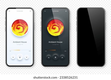 Online audio player user interface, smartphone app UI design. Music, media streaming and listening platform. Responsive mobile application. Neumorphism, neumorphic style. Vector illustration.