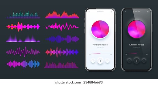 Online audio player user interface, smartphone app UI design. Music, media streaming and listening platform. Responsive mobile application. Neumorphism. Various sound waves. Vector illustration