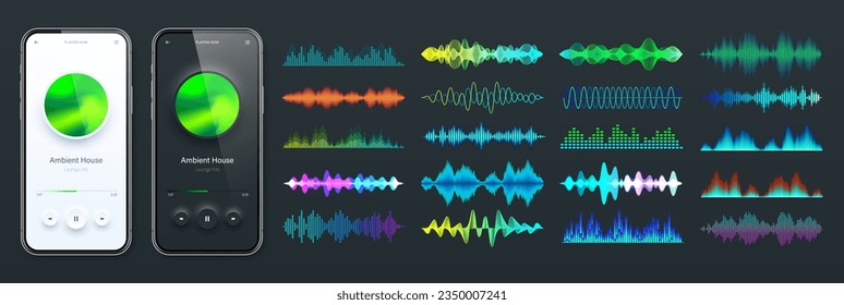 Online audio player user interface, smartphone app UI design. Music, media streaming and listening platform. Responsive mobile application. Neumorphism. Various sound waves. Vector illustration