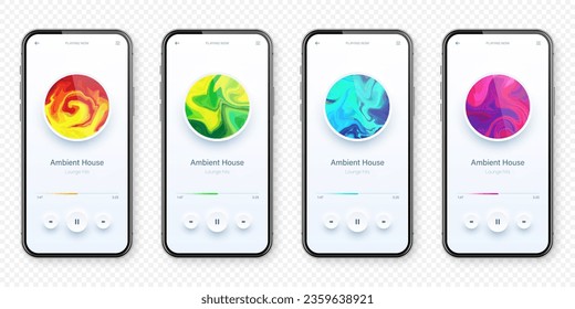 Online audio player user interface, smartphone app UI design. Music, media streaming and listening platform. Responsive mobile application. Neumorphism, neumorphic style. Vector illustration.