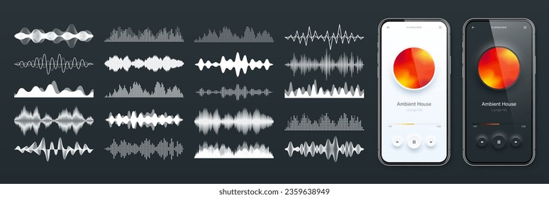 Online-Audio-Player-Benutzeroberfläche, Smartphone App UI Design. Musik, Media Streaming und Hörplattform. Umfassende mobile Anwendung. Neumorphismus. Verschiedene Schallwellen. Vektorgrafik