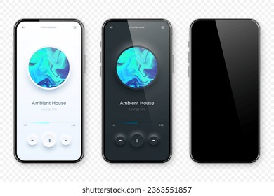 Interfaz de usuario de reproductor de audio en línea, diseño de interfaz de usuario de aplicación para smartphone. Música, transmisión de medios y plataforma de escucha. Aplicación móvil de respuesta. Neumorfismo, estilo neumórfico. Ilustración vectorial.