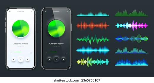 Online audio player user interface, smartphone app UI design. Music, media streaming and listening platform. Responsive mobile application. Neumorphism. Various sound waves. Vector illustration