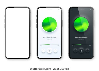 Interfaz de usuario de reproductor de audio en línea, diseño de interfaz de usuario de aplicación para smartphone. Música, transmisión de medios y plataforma de escucha. Aplicación móvil de respuesta. Neumorfismo, estilo neumórfico. Ilustración vectorial.