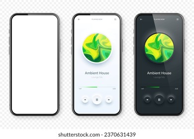 Online audio player user interface, smartphone app UI design. Music, media streaming and listening platform. Responsive mobile application. Neumorphism, neumorphic style. Vector illustration.