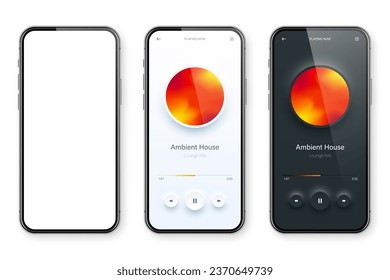 Online audio player user interface, smartphone app UI design. Music, media streaming and listening platform. Responsive mobile application. Neumorphism, neumorphic style. Vector illustration.