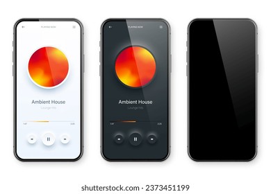 Online audio player user interface, smartphone app UI design. Music, media streaming and listening platform. Responsive mobile application. Neumorphism, neumorphic style. Vector illustration.