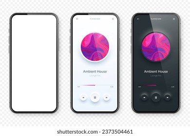 Online audio player user interface, smartphone app UI design. Music, media streaming and listening platform. Responsive mobile application. Neumorphism, neumorphic style. Vector illustration.