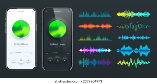 Online-Audio-Player-Benutzeroberfläche, Smartphone App UI Design. Musik, Media Streaming und Hörplattform. Umfassende mobile Anwendung. Neumorphismus. Verschiedene Schallwellen. Vektorgrafik