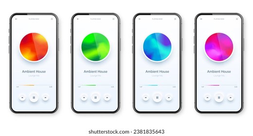 Online audio player user interface, smartphone app UI design. Music, media streaming and listening platform. Responsive mobile application. Neumorphism, neumorphic style. Vector illustration.