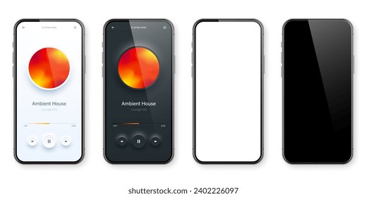 Online audio player user interface, smartphone app UI design. Music, media streaming and listening platform. Responsive mobile application. Neumorphism, neumorphic style. Vector illustration.