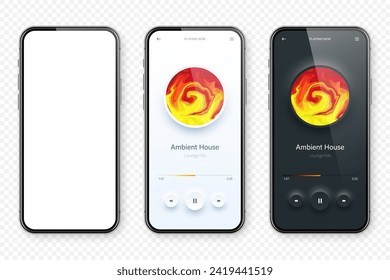 Online audio player user interface, smartphone app UI design. Music, media streaming and listening platform. Responsive mobile application. Neumorphism, neumorphic style. Vector illustration.