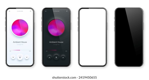 Online audio player user interface, smartphone app UI design. Music, media streaming and listening platform. Responsive mobile application. Neumorphism, neumorphic style. Vector illustration.