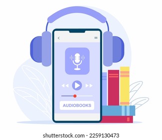 Aplicación móvil de audiolibro en línea para pantalla de smartphone con auriculares, e-learning