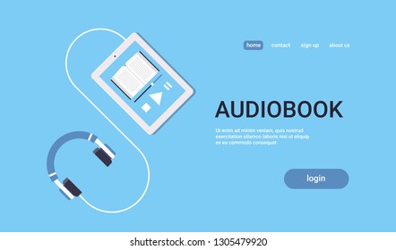 online audiobook mobile application tablet or smartphone screen with headphones audio book distance education e-learning concept blue background flat horizontal copy space