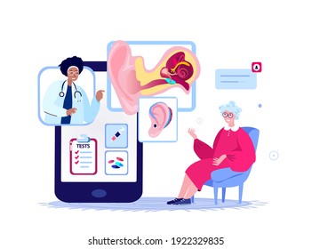 Online Audiologist ENT-Doctor Consultate Old Retired Woman Patient.Inflammation Ear.Hearing Anatomy Structure.Otitis Pain,Digital Treatment.ORL Clinic.Internet Medical Hospital Diagnostic.Illustration