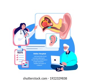 Online Audiologist ENT-Doctor Consultate Old Pensioner Man Patient.Deaf-Aid,Aerophone,Otitic Hearing Aid,Digital Eardrum Treatment.ORL Clinic. Internet Medical Hospital Diagnostics.Vector Illustration