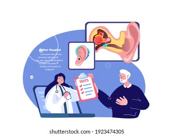 Online Audiologist ENT-Doctor Consultate Old Pensioner Man Patient.Deaf-Aid,Aerophone,Otitic Hearing Aid,Digital Eardrum Treatment.ORL Clinic. Internet Medical Hospital Diagnostics.Vector Illustration