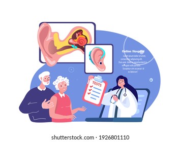 Online Audiologist ENT-Doctor Consultate Old Pensioners Couple Man,Woman Patient.Deaf-Aid,Aerophone,Otitic Hearing Aid,Digital Treatment.ORL Clinic. Internet Medical Hospital Diagnostics. Illustration