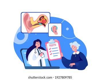 Online Audiologist ENT-Doctor Consultate Old Pensioner Woman Patient.Deaf-Aid,Aerophone,Otitic Hearing Aid,Digital Eardrum Treatment.ORL Clinic.Internet Medical Hospital Diagnostic.Vector Illustration