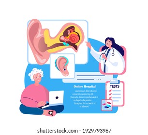 Online Audiologist ENT-Doctor Consultate Old Pensioner Woman Patient.Deaf-Aid,Aerophone,Otitic Hearing Aid,Digital Eardrum Treatment.ORL Clinic.Internet Medical Hospital Diagnostic.Vector Illustration