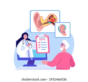 Online Audiologist ENT-Doctor Consultate Old Pensioner Man Patient.Deaf-Aid,Aerophone,Otitic Hearing Aid,Digital Eardrum Treatment.ORL Clinic. Internet Medical Hospital Diagnostics.Vector Illustration