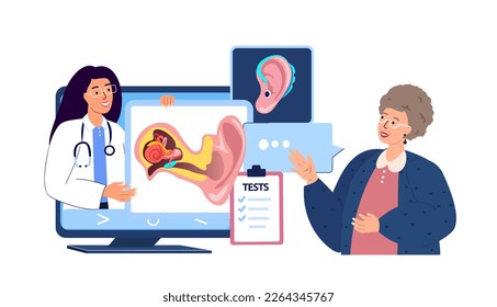 Online-Audiologin ENT-Doctor Consultat Alte ermüdete Frau Patient.Entzündung Ohr.Hören Anatomie Struktur.Otitis Schmerz,Digitale Behandlung.ORL Klinik.Internet Medical Hospital Diagnostic.Illustration