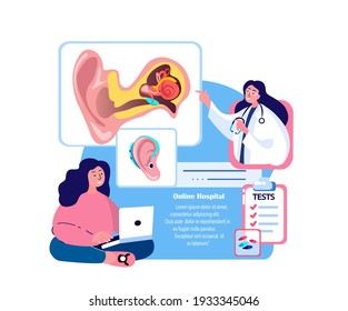 Online Audiologe ENT-Doctor Consultat Patient.Entzündung Ohr.Hören Anatomie Struktur.Otitis Schmerz, Digital Eardrum Behandlung.ORL Klinik. Diagnostik für das medizinische Krankenhaus im Internet. Vektorgrafik