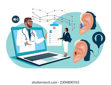 Online Audiologist ENT-Doctor сonsultate with a patient.  Internet Medical Hospital Diagnostics. Flat vector illustration