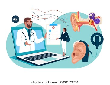 Online Audiologist ENT-Doctor сonsultate with a patient. Otitis, Pain or Tinnitus Disease Treatment. Cochlear implant and hearing aid. Flat vector illustration