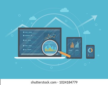 Online audit, research, analysis concept. Web and mobile service. Financial reports, charts graphs on screens of a laptop, phone, tablet. Business background banner. Vector illustration