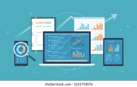 Online audit, research, analysis concept. Web and mobile service. Financial reports, charts graphs on screens of a laptop, phone, tablet, notebook, documents. Business background banner. Vector 