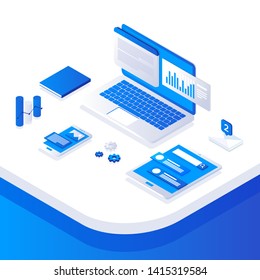 Online audit, research, analysis concept. Web and mobile service. Financial reports, charts graphs on screens of a laptop, phone, tablet. Business banner. Vector illustration. office workplace