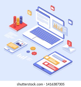 Online audit, research, analysis concept. Web and mobile service. Financial reports, charts graphs on screens of a laptop, phone, tablet. Business banner. Vector illustration. office workplace