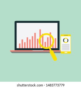 Online audit, research, analysis concept. Web and mobile service. Financial reports, charts graphs on screens of a laptop, phone, tablet. Business background banner. Vector illustration