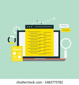 Online audit, research, analysis concept. Web and mobile service. Financial reports, charts graphs on screens of a laptop, phone, tablet. Business background banner. Vector illustration