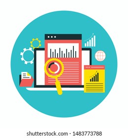 Online audit, research, analysis concept. Web and mobile service. Financial reports, charts graphs on screens of a laptop, phone, tablet. Business background banner. Vector illustration