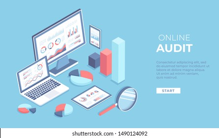 Online audit, research, report, analytics, analysis concept. Web and mobile service. Charts graphs on screens of laptop, monitor, phone, tablet with magnifying glass. Isometric 3d vector background 