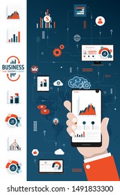 Online audit, research, report, analytics, analysis concept. Web and mobile service. Charts graphs on screens of laptop, monitor, phone, tablet with magnifying glass.