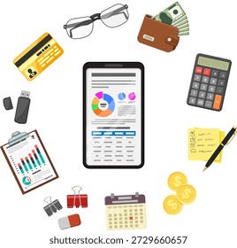 Auditoria Online, Processo Fiscal, Conceito Contabilístico Auditoria Online, Imposto, Conceito Contabilístico. Auditor segura Smartphone na mão e verifica relatório financeiro com gráficos na tela usando uma lupa. Ícones de estilo plano. Ilustração de vetor