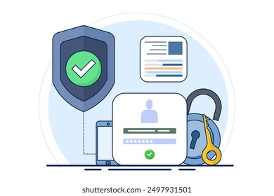 Concepto de autenticación en línea, fuerte Contraseña para la seguridad cibernética, alta protección y seguridad para la Cuenta de Inicios de sesión, privacidad de datos segura, bloquear la Cuenta del usuario con un teclado fuerte. Ilustración vectorial.