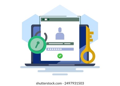 Concepto de autenticación en línea, fuerte Contraseña para la seguridad cibernética, alta protección y seguridad para la Cuenta de Inicios de sesión, privacidad de datos segura, bloquear la Cuenta del usuario con un teclado fuerte. Ilustración vectorial.