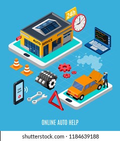 Online auto help isometric concept with diagnostics symbols vector illustration 